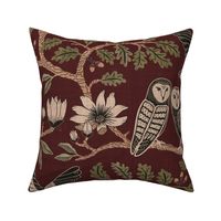 Barn Owls with Oaks and Magnolias in copper brown and olive green on cerise, dark crimson red - extra large