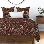 Barn Owls with Oaks and Magnolias in copper brown and olive green on cerise, dark crimson red - extra large