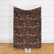 Barn Owls with Oaks and Magnolias in copper brown and olive green on cerise, dark crimson red - extra large