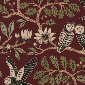 Barn Owls with Oaks and Magnolias in copper brown and olive green on cerise, dark crimson red - extra large
