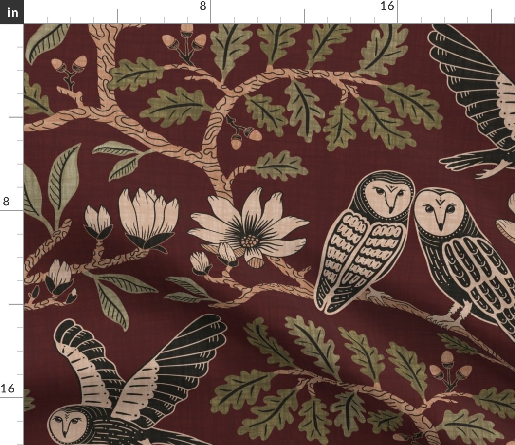 Barn Owls with Oaks and Magnolias in copper brown and olive green on cerise, dark crimson red - extra large