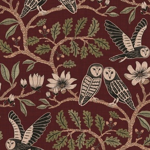 Barn Owls with Oaks and Magnolias in copper brown and olive green on cerise, dark crimson red - large