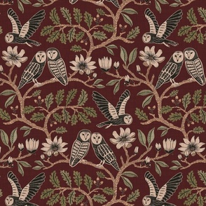 Barn Owls with Oaks and Magnolias in copper brown and olive green on cerise, dark crimson red - medium