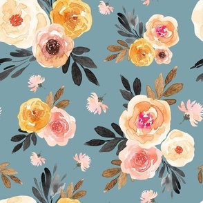 Soft White, Blush & Yellow Watercolor Roses on Blue, Large Scale