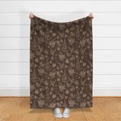 Jumbo scale. Wild foraged, traditional botanical print with flowers, plants, leaves and wild rosemary in tan and dark brown.