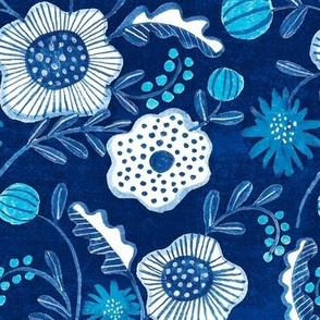 24_Indigo Blue_Textural Hand Painted Whimsical Floral Wallpaper or Fabric