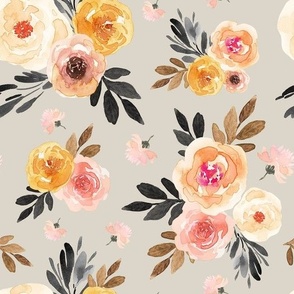 Soft White, Blush & Yellow Roses on Warm Grey, Large Scale