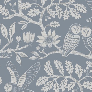 Barn Owls with Oaks and Magnolias in dusty blue monochrome, tone on tone - kids, soft - extra large