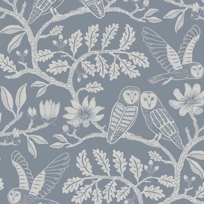 Barn Owls with Oaks and Magnolias in dusty blue monochrome, tone on tone - kids, soft - large