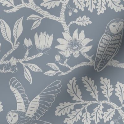 Barn Owls with Oaks and Magnolias in dusty blue monochrome, tone on tone - kids, soft - medium