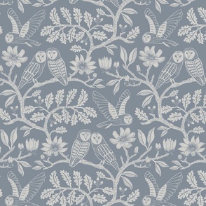 Barn Owls with Oaks and Magnolias in dusty blue monochrome, tone on tone - kids, soft - medium