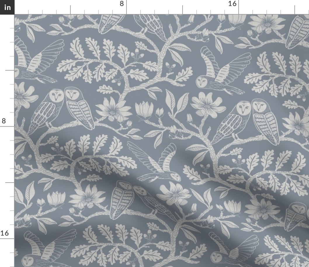 Barn Owls with Oaks and Magnolias in dusty blue monochrome, tone on tone - kids, soft - medium