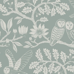 Barn Owls with Oaks and Magnolias in muted green monochrome, tone on tone - kids, soft - extra large