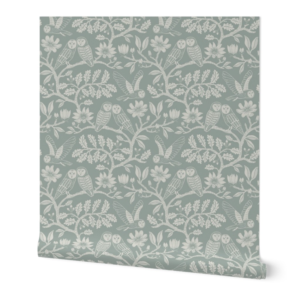 Barn Owls with Oaks and Magnolias in muted green monochrome, tone on tone - kids, soft - large