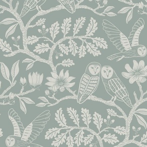 Barn Owls with Oaks and Magnolias in muted green monochrome, tone on tone - kids, soft - large