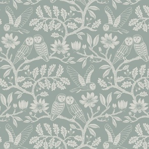 Barn Owls with Oaks and Magnolias in muted green monochrome, tone on tone - kids, soft - medium