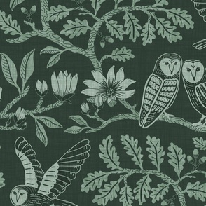 Barn Owls with Oaks and Magnolias in forest green monochrome, tone on tone - extra large