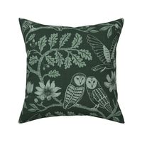 Barn Owls with Oaks and Magnolias in forest green monochrome, tone on tone - large