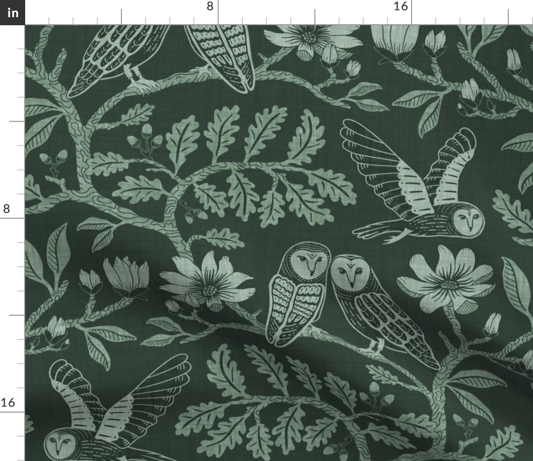 Barn Owls with Oaks and Magnolias in forest green monochrome, tone on tone - large