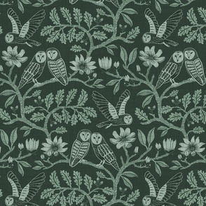 Barn Owls with Oaks and Magnolias in forest green monochrome, tone on tone - medium