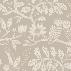 Barn Owls with Oaks and Magnolias in light tan and soft white monochrome, tone on tone - extra large