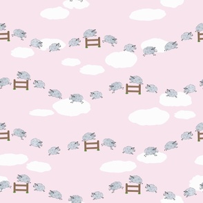 Counting sheep while you sleep, playful sheep leaping over fences amongst fluffy white clouds on pale pink