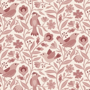 Sweet traditional floral with birds - light marsala, muted red, old rose monochrome - extra large