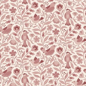 Sweet traditional floral with birds - light marsala, muted red, old rose monochrome - large