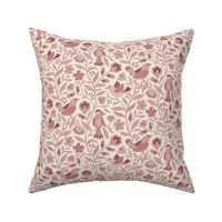 Sweet traditional floral with birds - light marsala, muted red, old rose monochrome - medium