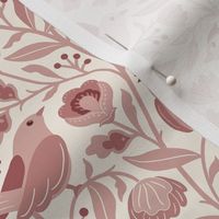 Sweet traditional floral with birds - light marsala, muted red, old rose monochrome - medium