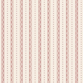 Sweet whimsical stripe with dots and waves - light marsala, muted red, old rose monochrome - medium - coordinate for sweet traditional floral with birds