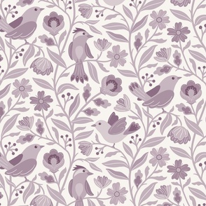 Sweet traditional floral with birds - muted purple lilac monochrome - extra large
