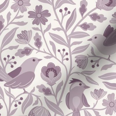 Sweet traditional floral with birds - muted purple lilac monochrome - large