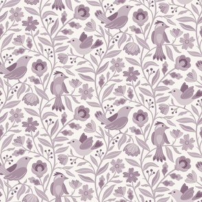 Sweet traditional floral with birds - muted purple lilac monochrome - large