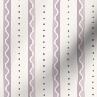 Sweet whimsical stripe with dots and waves - muted purple lilac monochrome - medium - coordinate for sweet traditional floral with birds