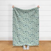 Sweet traditional floral with birds - teal and light lemon yellow - extra large
