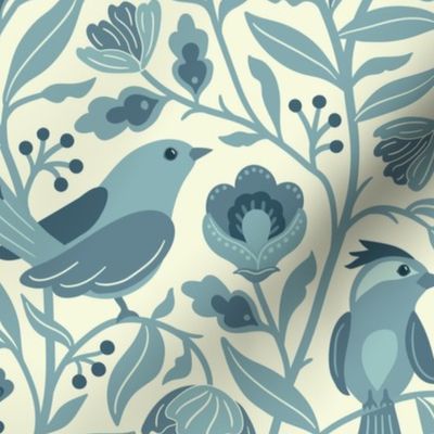 Sweet traditional floral with birds - teal and light lemon yellow - extra large