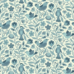 Sweet traditional floral with birds - teal and light lemon yellow -  large