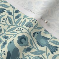 Sweet traditional floral with birds - teal and light lemon yellow - small