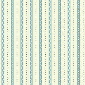 Sweet whimsical stripe with dots and waves - teal and light lemon yellow  - medium - coordinate for sweet traditional floral with birds