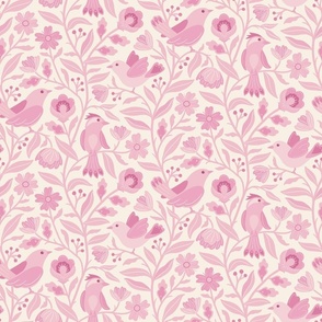 Sweet traditional floral with birds -  pinkcore - candy pink, and baby pink - large