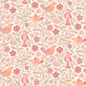 Sweet traditional floral with birds - peach fuzz, honey peach, peach blossom, Georgia peach - large