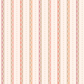 Sweet whimsical stripe with dots and waves -peach Fuzz, honey peach, peach blossom - medium - coordinate for sweet traditional floral with birds