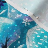 Snowy Winter Forest and Bunnies | Teal, Blue | Cold, Frozen, Woodland