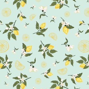 Citrus Lemon bunches on mint background, white flowers, green leaves