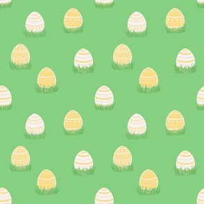 Easter Eggs on Green – yellow and white, Spring, Easter Fabric, Easter Egg Hunt, Decorated Eggs, Grass, Kids