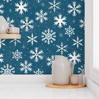 Snowflakes on Teal Blue Chalkboard | Winter Christmas Snowing Textured