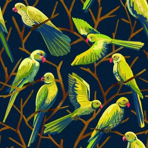 Parakeets on Branches, hand-painted tropical seamless pattern. Large scale. 24"