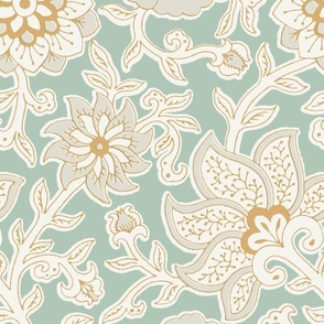 Royal bloom - Block Print Indian Floral- Green mustard Large scale