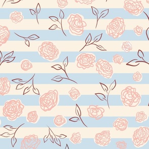 Romantic Vintage Pink Flowers on Blue and Cream Stripes